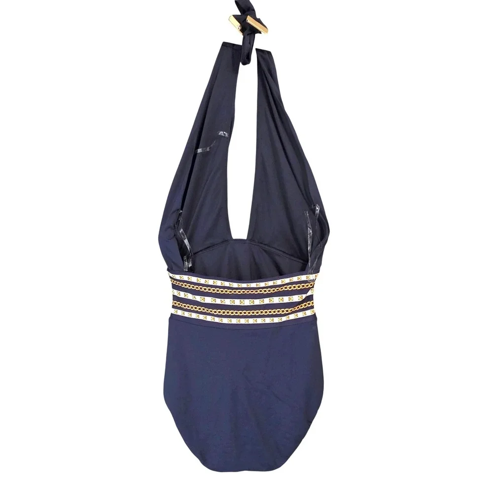 Michael‎ Kors One Piece Swimsuit Women 8 Navy Blue Halter Chain Print